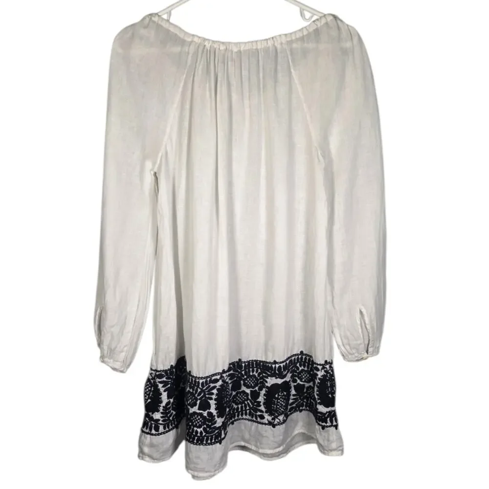 J.Crew Linen Peasant Top White Navy Embroidered Hem Boho Blouse XS